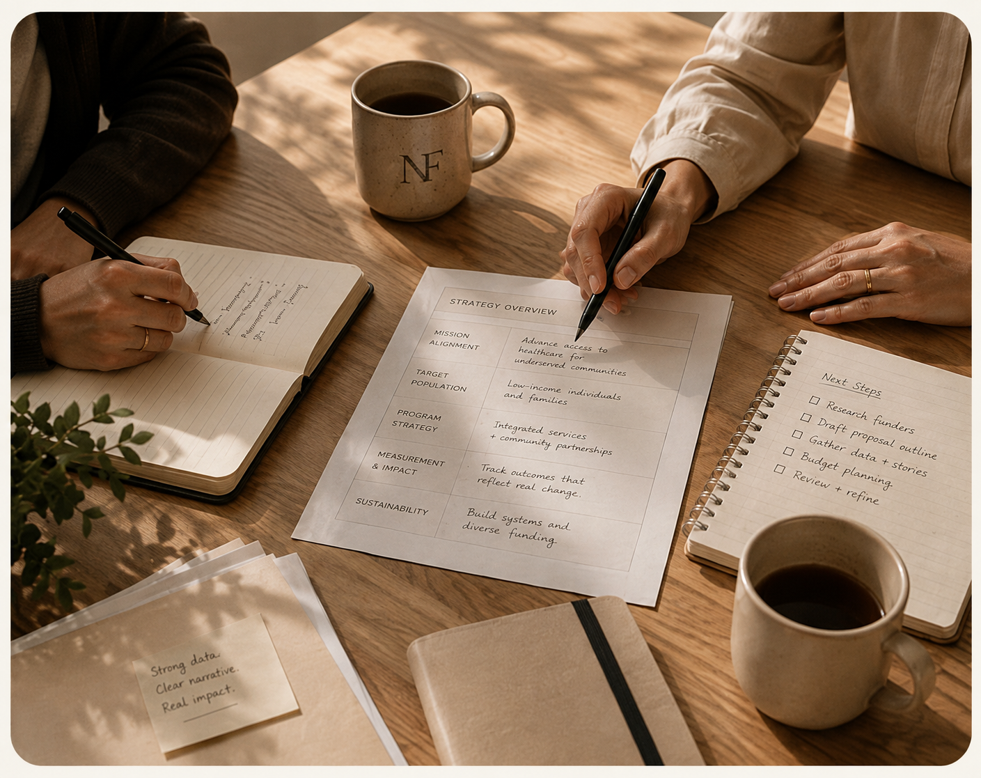 Two people sitting at a wooden table, working on a strategy document and a task checklist, with notebooks, a plant, and two cups of coffee.