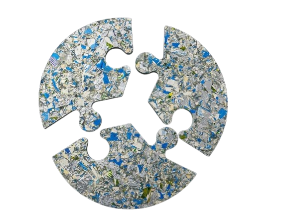 An outline of a gear shape that is made of a reflective, mosaic-like material with different shades of gray, blue, green, and some pink and purple accents.