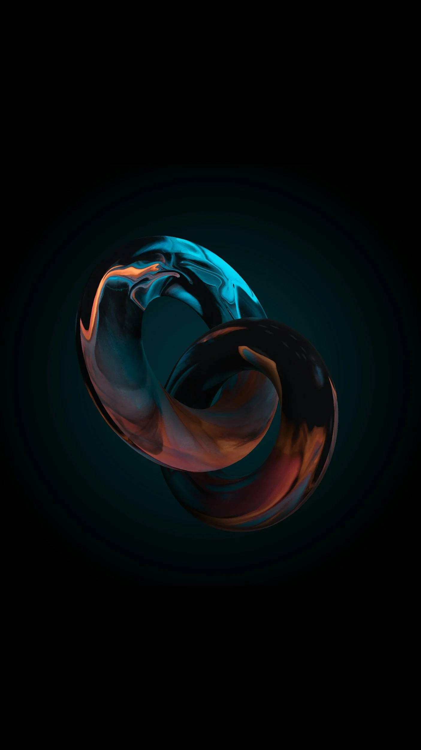 Abstract digital artwork featuring a twisted, ribbon-like shape with swirling colors of blue, orange, and black on a dark background.