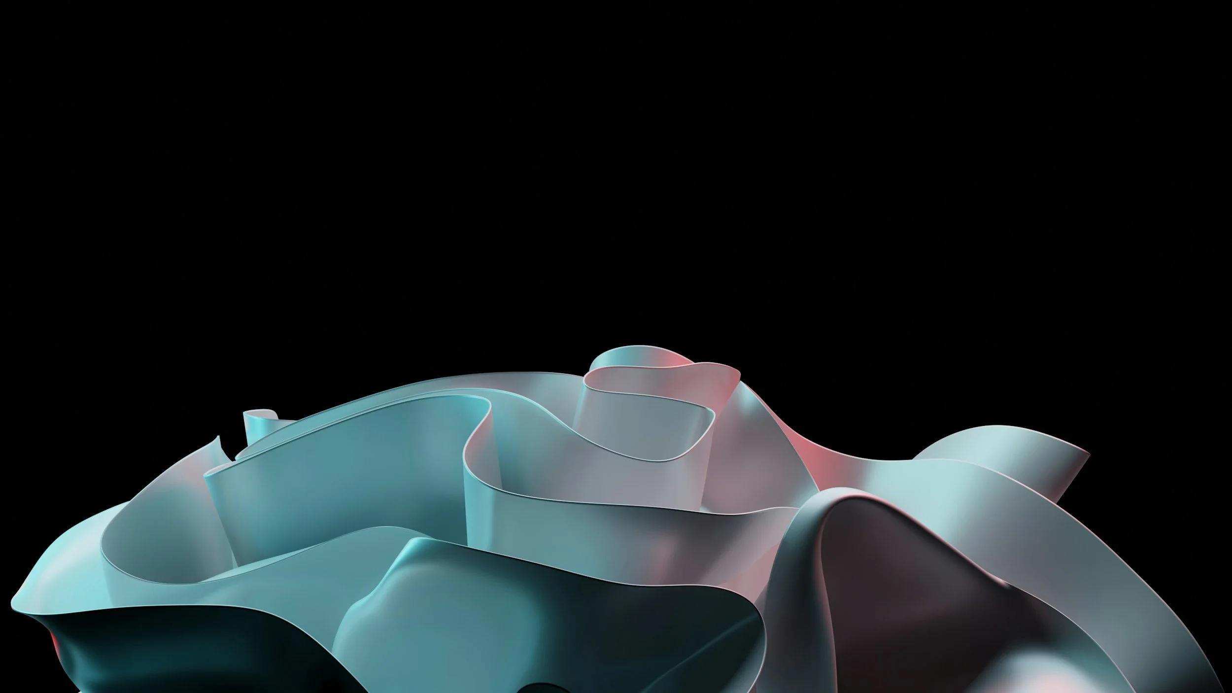 Abstract smooth, flowing, ribbon-like shapes in soft pastel shades of blue, pink, and white against a black background.