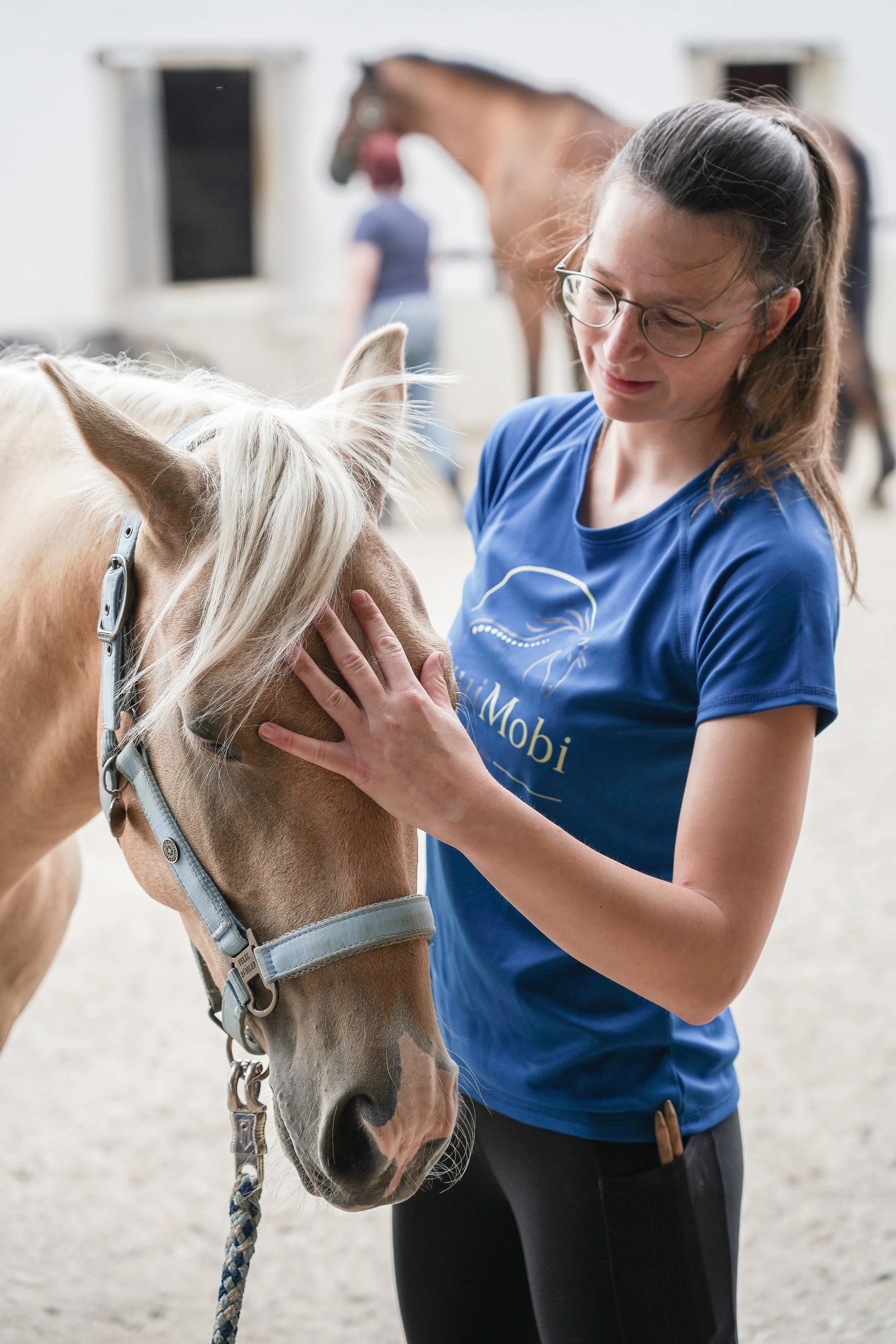 Eine Frau mit Brille streichelt ein hellbraunes Pferd. Im Hintergrund ist ein anderes Pferd und eine Person zu sehen, die in einem Stall oder Reitplatz stehen.