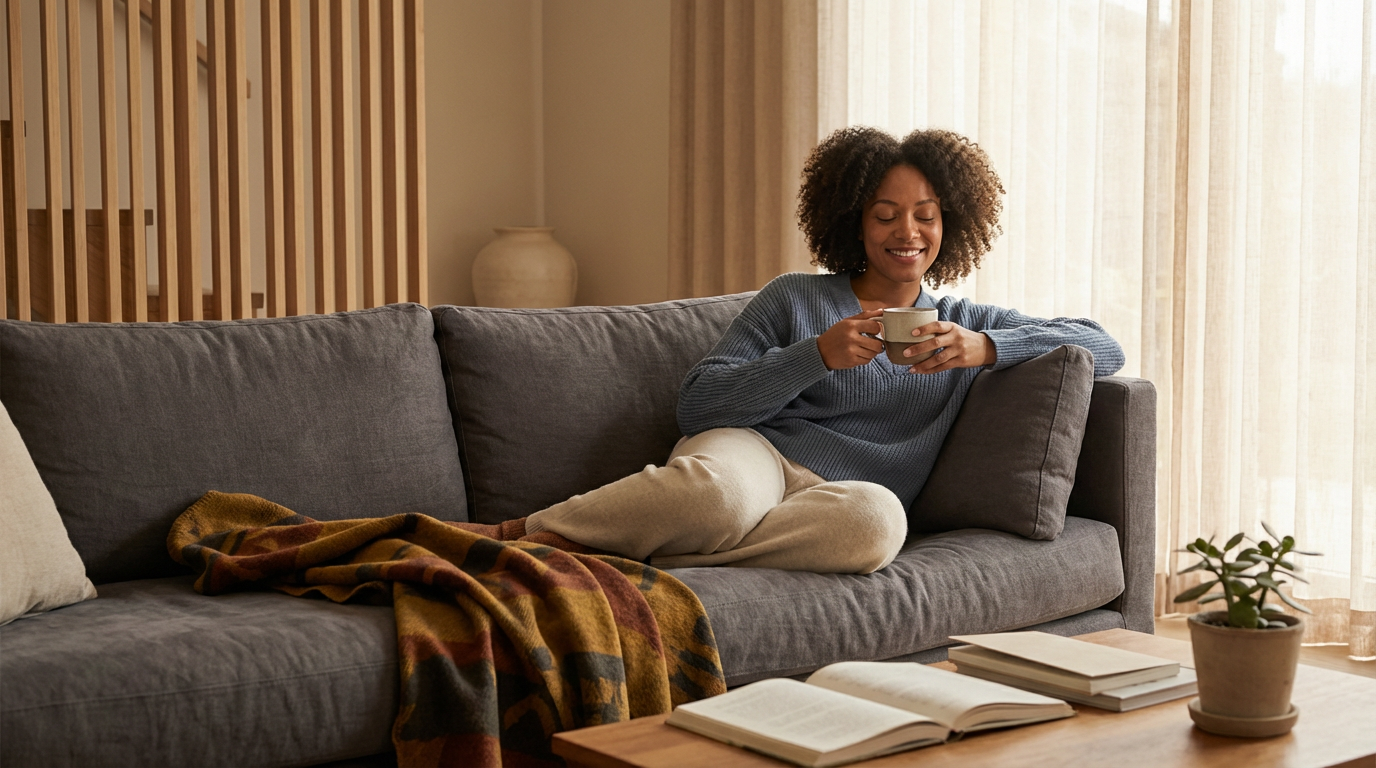 A woman with curly hair, wearing a gray sweater and beige pants, sitting on a gray couch, holding and smiling at a mug in a cozy living room with a low wooden table, open books, a potted plant, and sheer curtains.