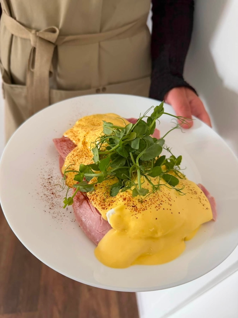 Plate with eggs Benedict, ham, and microgreens