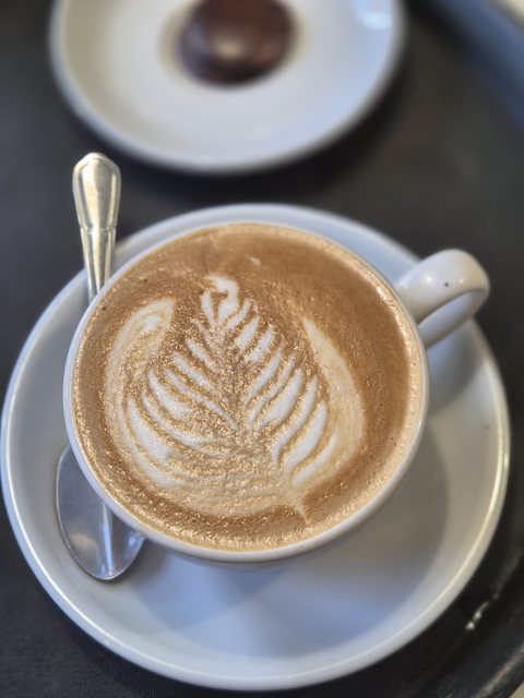 Top-down view of a cappuccino with leaf-shaped latte art in a white cup and saucer, alongside a spoon and coffee bean dish.