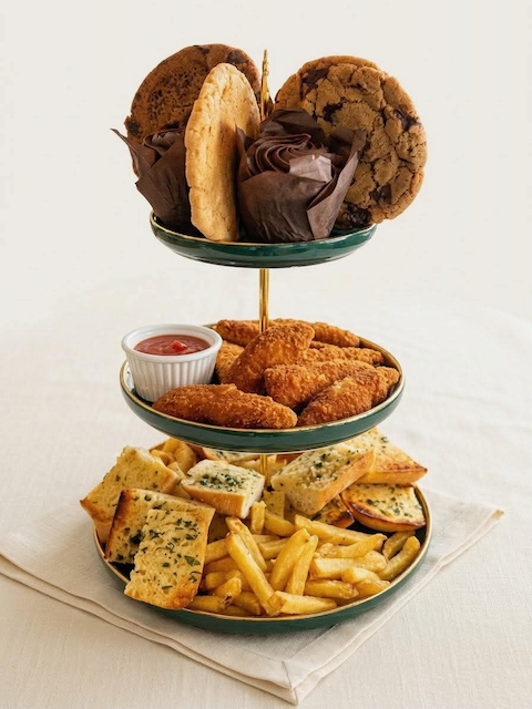 Three-tier serving stand with cookies, brownies, fried chicken, dipping sauce, garlic bread, and French fries