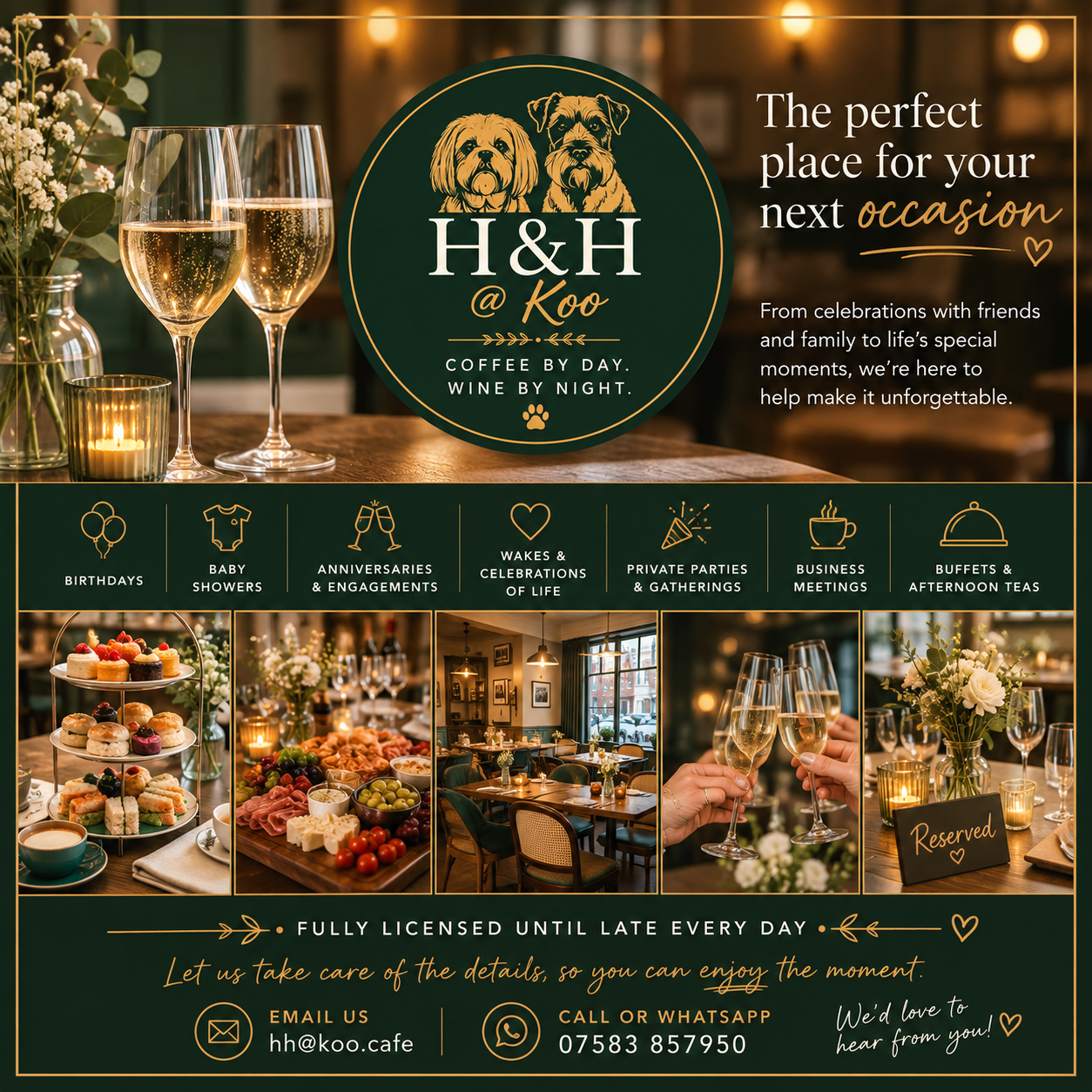 An advertisement for a venue called H&H @ Koo, featuring wooden tables, glasses of champagne, flowers, candles, and images of food and interior decor, promoting event hosting services.