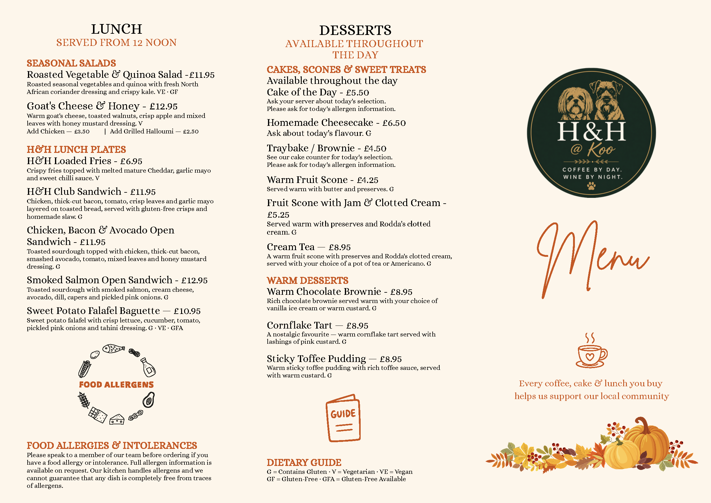 Restaurant menu offering lunch items such as salads and sandwiches, with desserts including Cakes, Scones, and Sweet Treats, along with a decorative logo of two dogs and