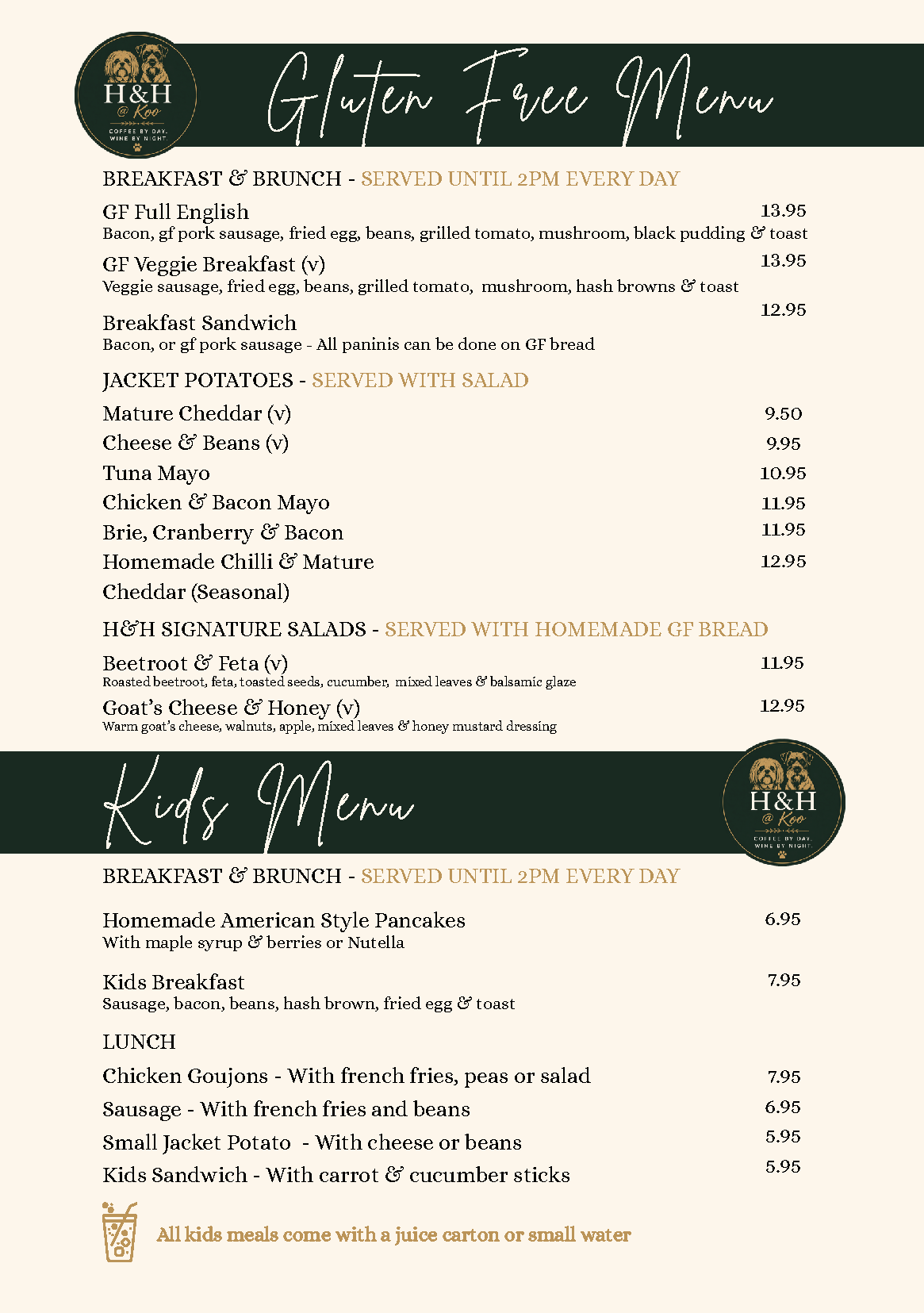 Menu of gluten-free options at a restaurant, including breakfast, brunch, salads, and kids' meals, with items and prices listed.