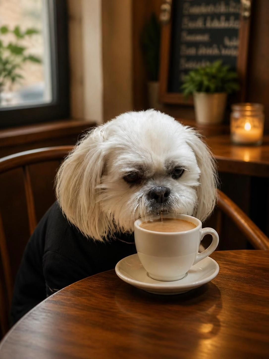 A small white dog with long fur is sitting at a wooden table, drinking coffee from a white cup and saucer in a cozy cafe setting.
