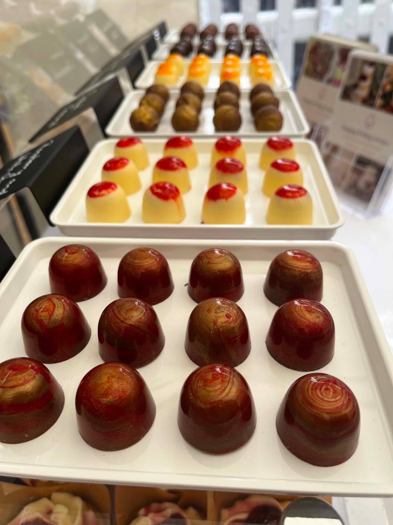 Assorted colorful jelly or pudding desserts arranged in white trays.