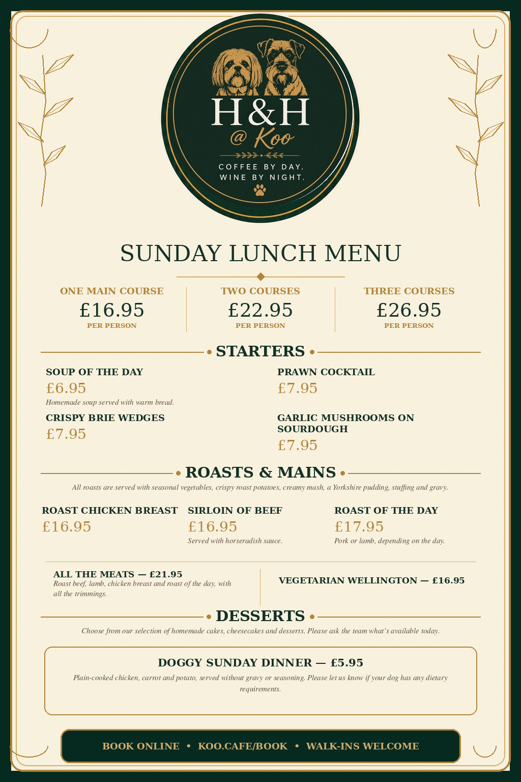 H&H at Koo Sunday lunch menu featuring roast dinners, starters, desserts, and dog-friendly Doggy Sunday Dinner