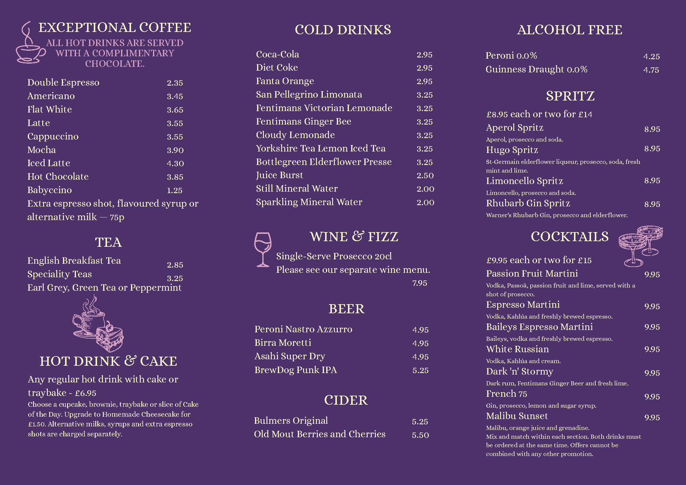 A purple menu featuring sections for exceptional coffee, cold drinks, alcohol-free drinks, hot drinks & cake, wine & fizz, beer, and cocktails. It includes various beverage options with prices listed.