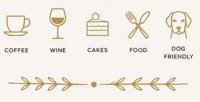Icons representing a coffee cup, wine glass, cake, fork and knife, and dog with text labels: Coffee, Wine, Cakes, Food, Dog Friendly.