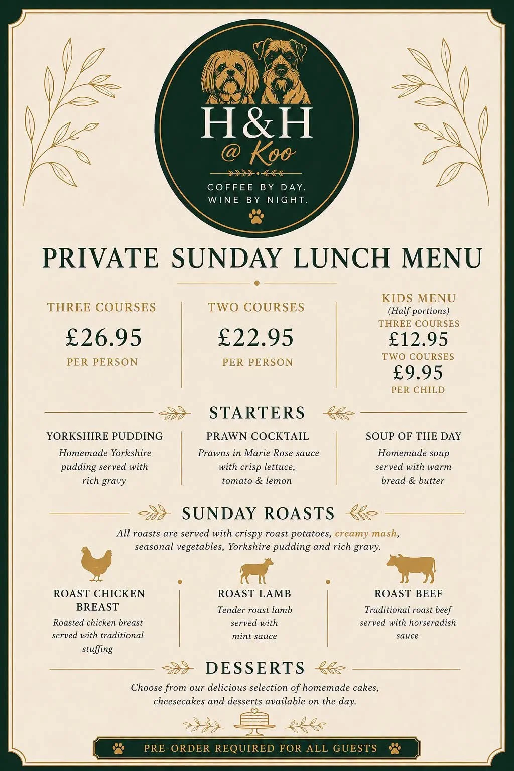 Private Sunday lunch menu featuring three-course and two-course options, kids menu, starters like Yorkshire pudding, prawn cocktail, soup of the day, Sunday roasts including chicken, lamb, and beef, and desserts.