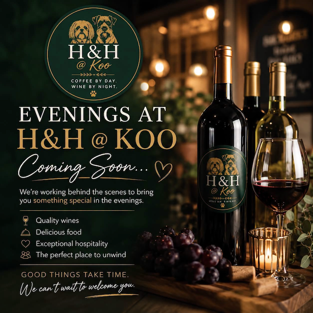 Announcement for evenings at H&H @ Koo featuring wines, food, and hospitality, with a bottle of red wine, a glass of red wine, grapes, and candle.