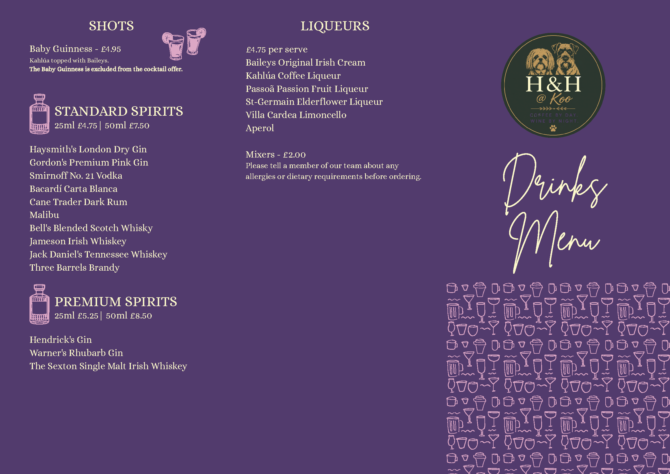 A menu featuring drinks and spirits, with sections for shots, standard spirits, premium spirits, and liqueurs. The menu has a purple background with white and gold text, and illustrations of drink glasses and bottles.