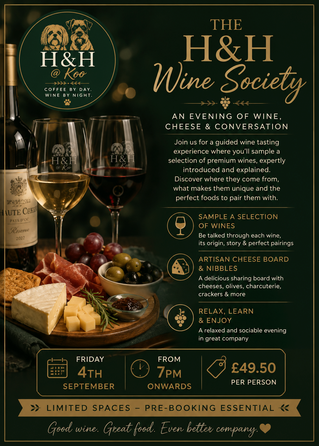 Promotional poster for The H&H Wine Society event, featuring two glasses of wine, cheese and charcuterie on a wooden board, wine bottle, grapes, and event details including date, time, price, and activities.