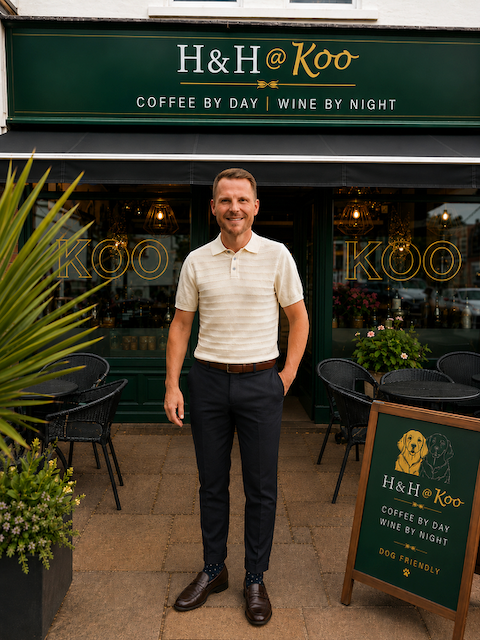 Man standing outside of a coffee shop named H&H @ Koo, smiling, wearing a white striped polo shirt and dark pants, with outdoor seating and a sign promoting coffee and wine, and dog-friendly environment.