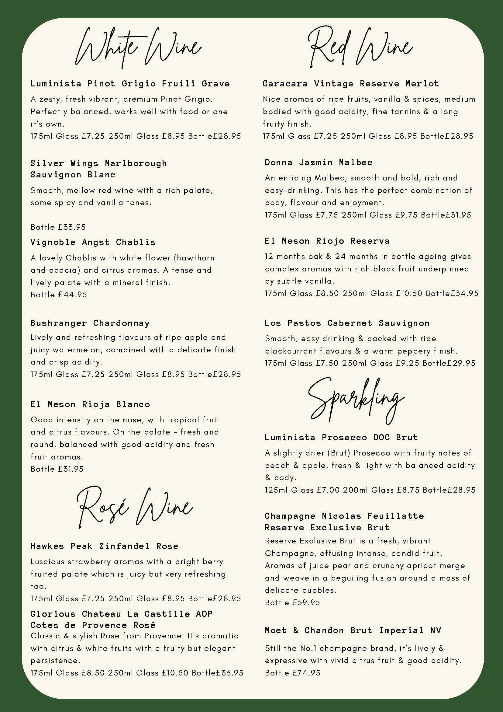 Wine menu featuring white wines, rosé wines, sparkling wines, champagne, and sparkling wines. Includes descriptions and prices for each wine, organized in columns under headings for white and red wine.