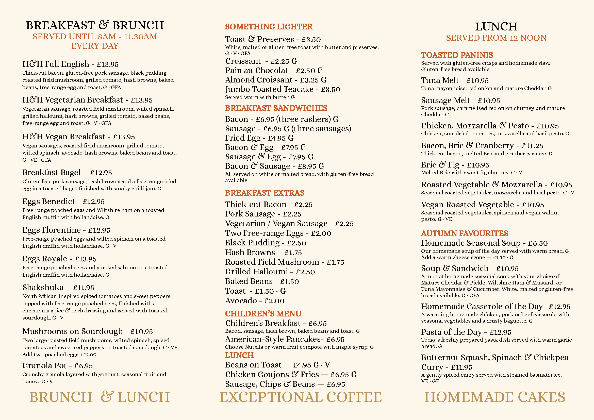 A restaurant menu featuring breakfast, brunch, lunch, and specialty sections with prices and descriptions of various dishes.