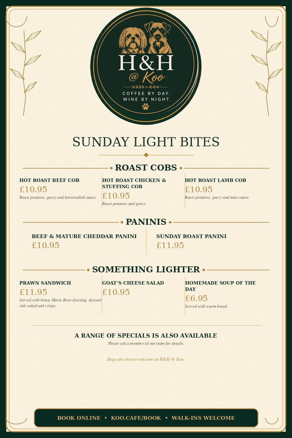 H&H @ Koo Sunday Light Bites menu featuring roast cobs, paninis, sandwiches, salad, soup, prices, and booking information