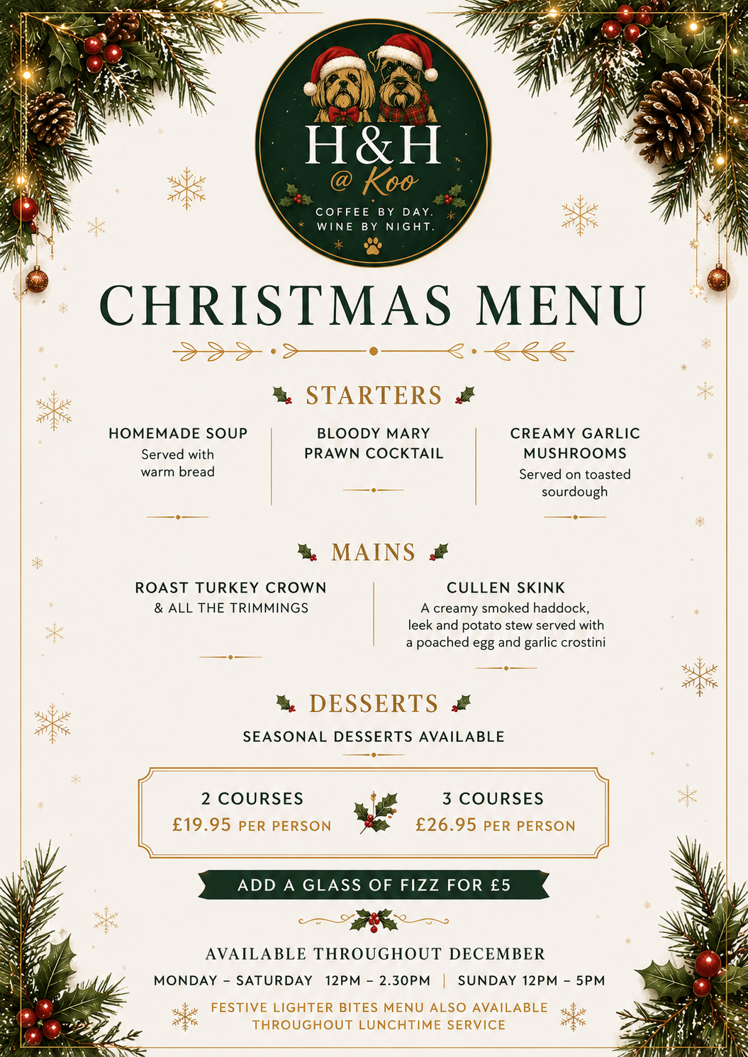 Christmas menu featuring starters, mains, and desserts, decorated with pine branches, pinecones, and snowflakes, with a festive holiday theme.