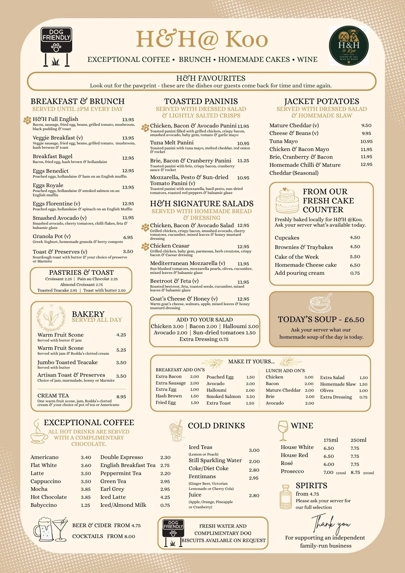 Menu from H&H @ Koo featuring breakfast, toasted paninis, salads, bakery, coffee, cold drinks, wine, and beverages with prices, including options like full English, veggie breakfast, sandwiches, salads, and beverages, with a note of dog-friendly services and homemade cakes.
