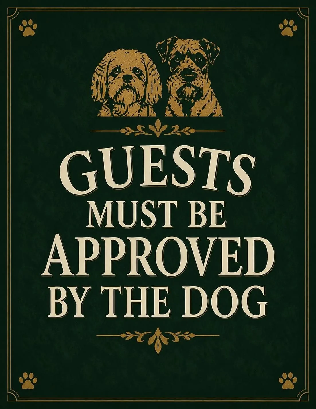 A sign with a dark green background and gold decorative borders, featuring illustrations of a small dog and a larger dog at the top. The sign reads 'Guests must be approved by the dog' in large, cream-colored text, with small paw print icons in each corner.