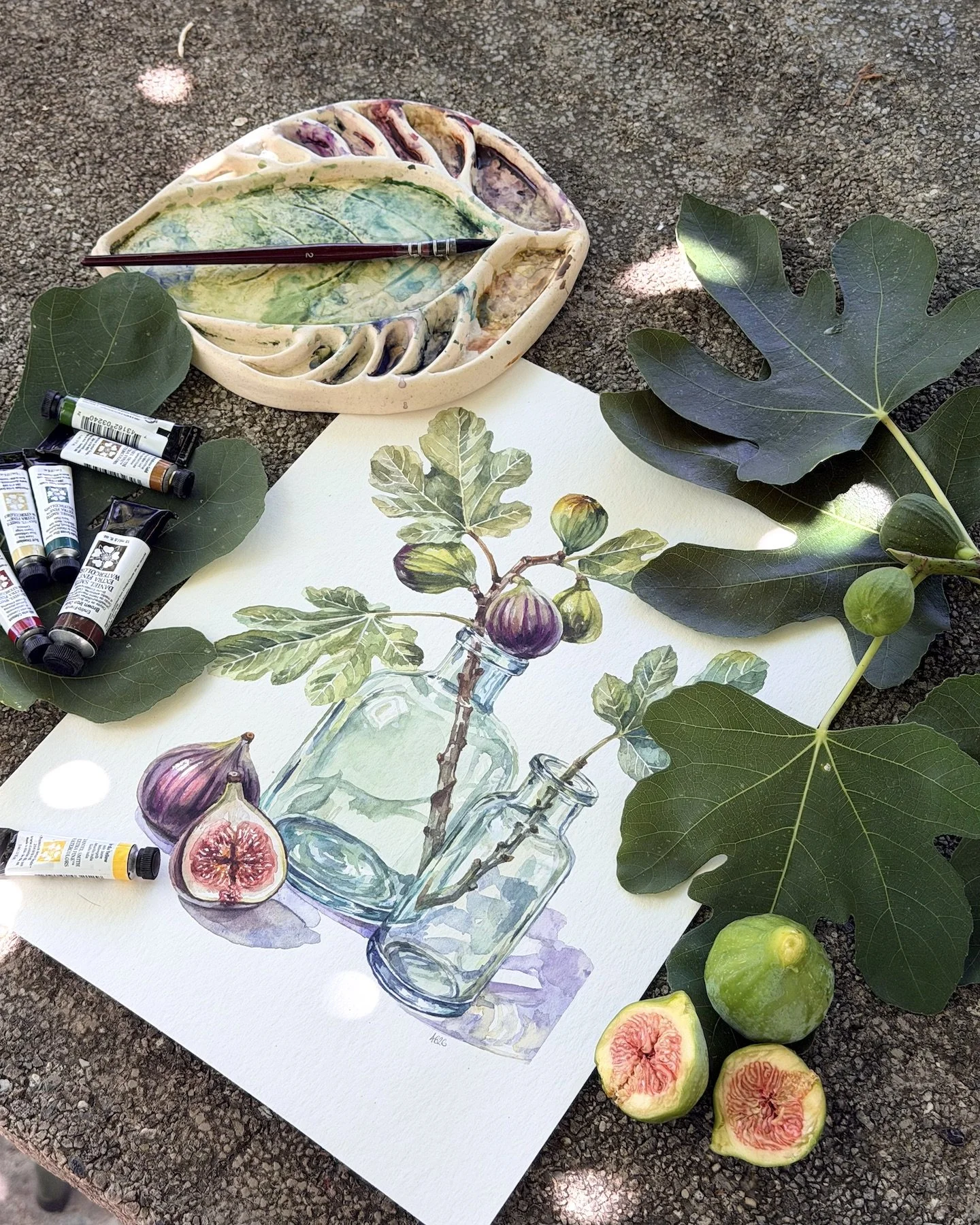Watercolour painting of Ficus carica figs and branches in glass bottles, surrounded by fresh fig leaves, ripe figs, paint tubes, brushes and a ceramic palette on a garden table.