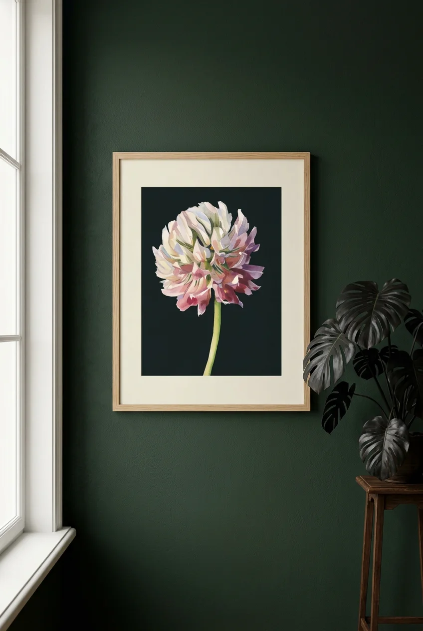 Clover botanical art print featuring a close-up watercolour painting of a pink and cream flower against a dark green background, displayed in a natural oak frame on a deep green wall beside a potted h
