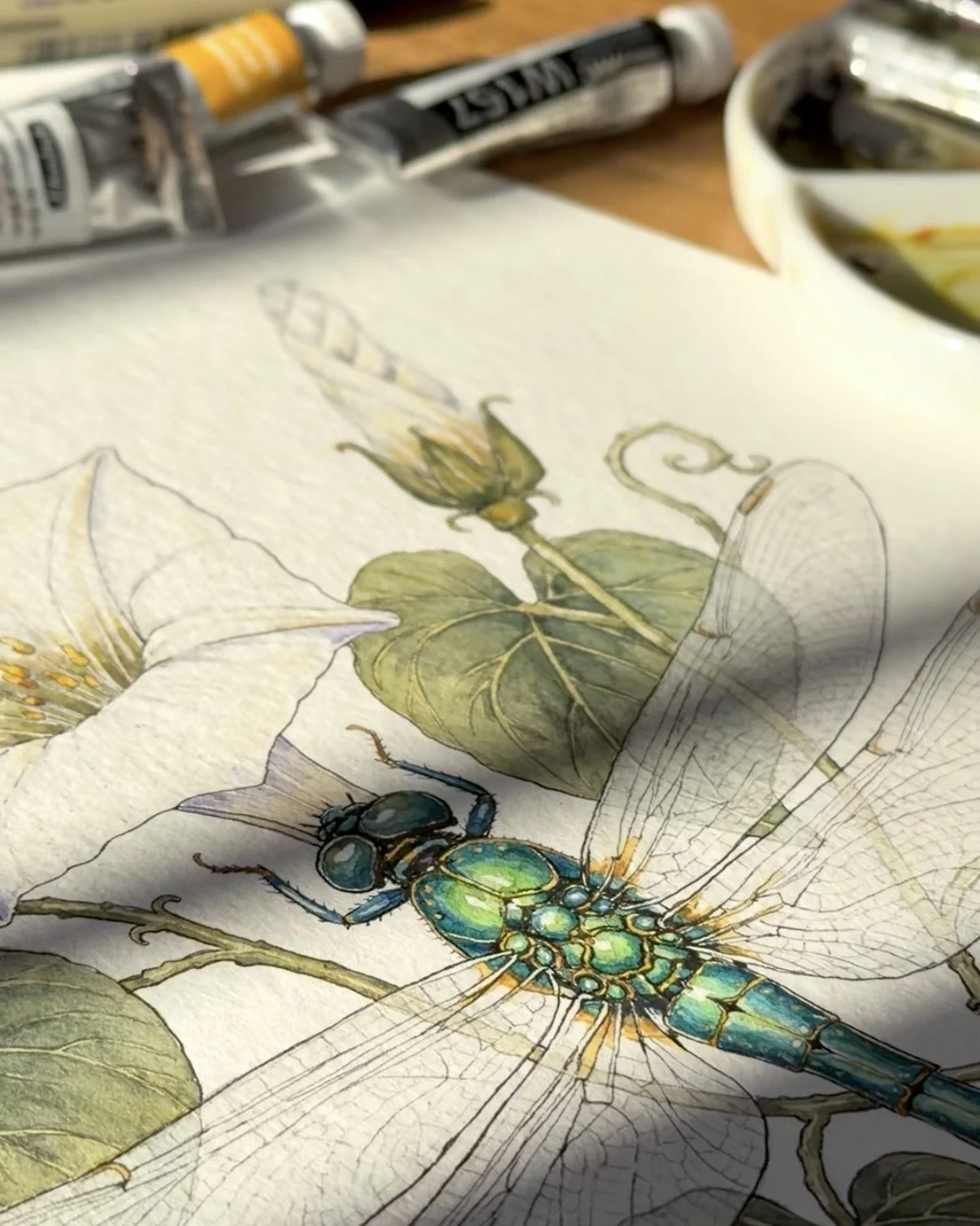 Angled close-up showing the texture of handmade paper and fine details of the dragonfly botanical painting.