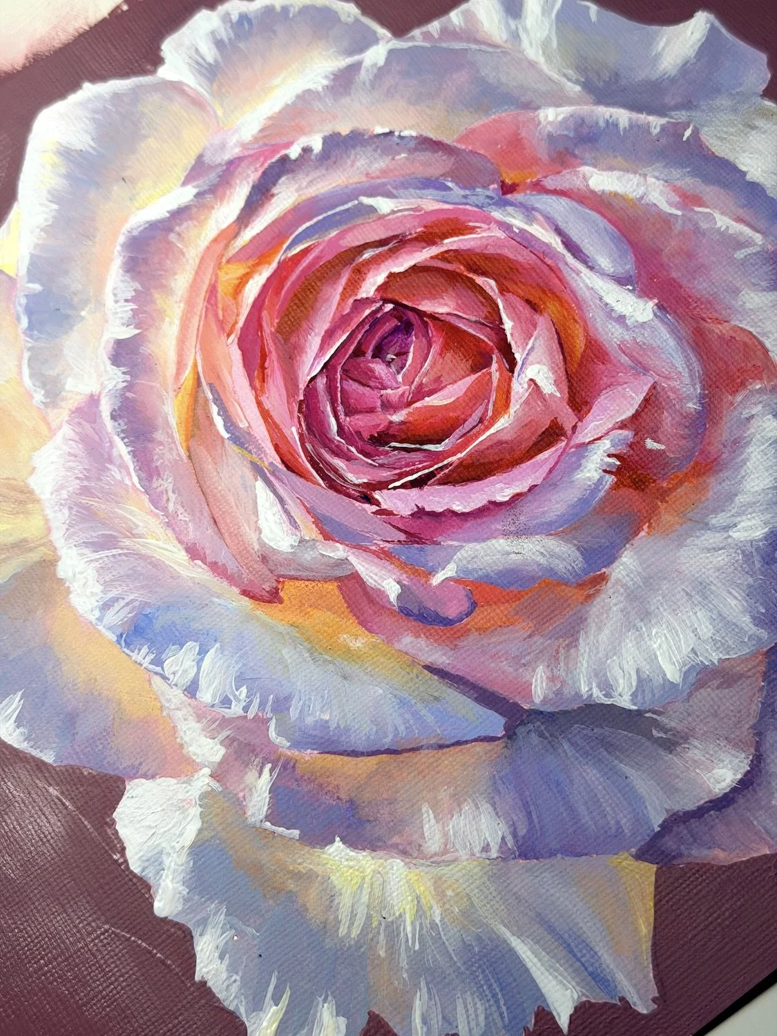 Close-up of an original pink rose botanical painting in acrylic gouache, featuring vibrant pink, lavender, blue, coral and yellow tones