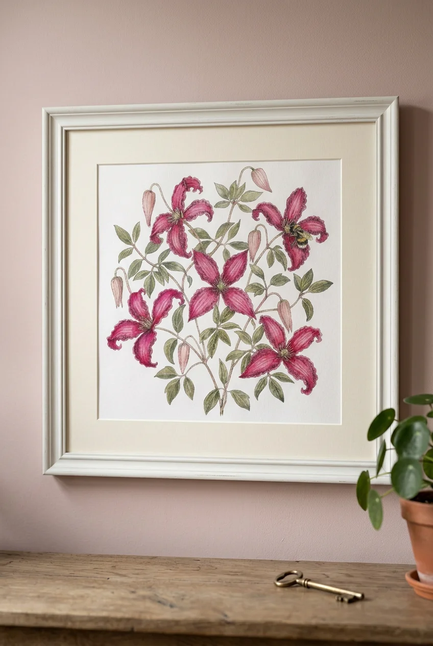 Pink climbing clematis botanical illustration in an elegant white frame with a wide mount, displayed on a soft pink wall beside a houseplant.