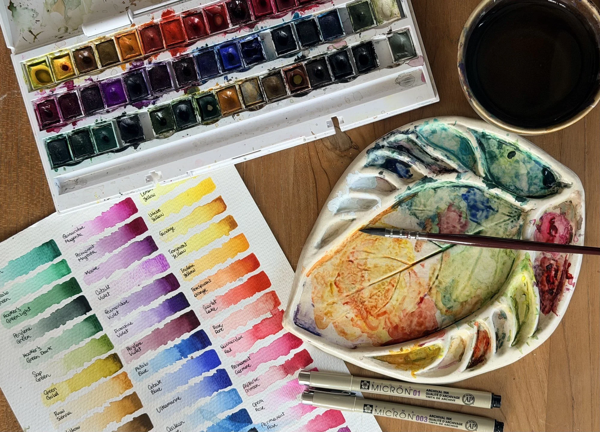 Watercolor palette, botanical painting supplies and colour swatches used by botanical artist Alice Botanica.
