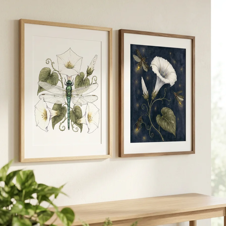 Moonflower Day and Night botanical art print set displayed in two wooden frames, featuring a dragonfly among pale flowers and a white moonflower with glowing fireflies.