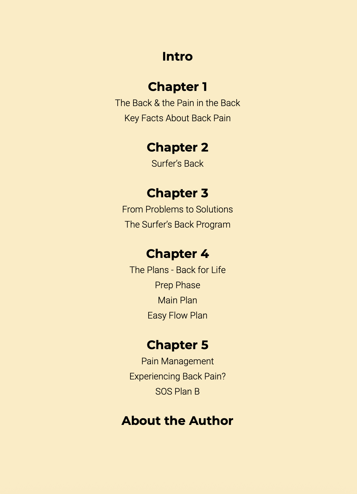 Table of contents from The Surfer's Back program