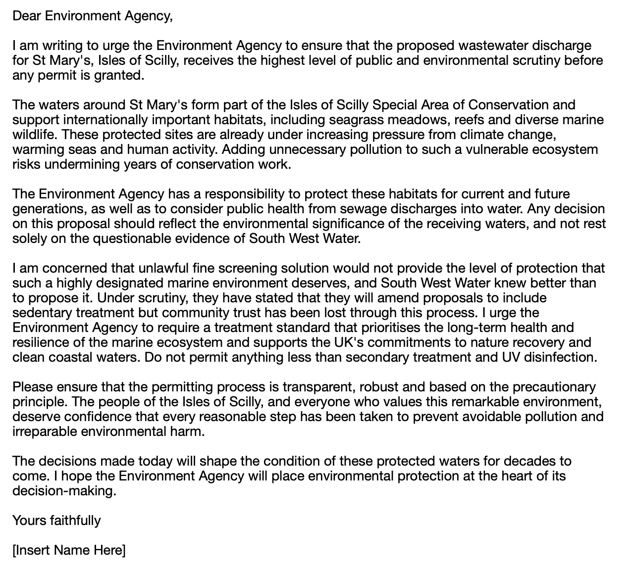 Letter addressed to the Environment Agency discussing wastewater discharge, marine habitats, pollution concerns, and environmental protection measures for the Isle of Scilly.