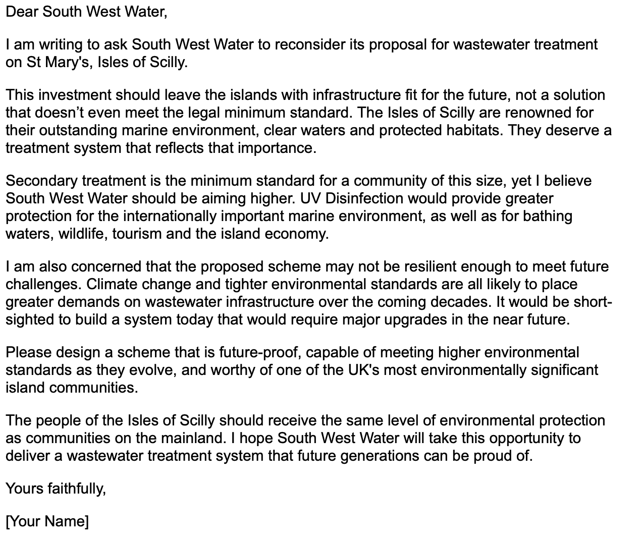Letter addressing South West Water regarding wastewater treatment on Isles of Scilly. The letter discusses environmental standards, infrastructure, climate change, and future-proofing.