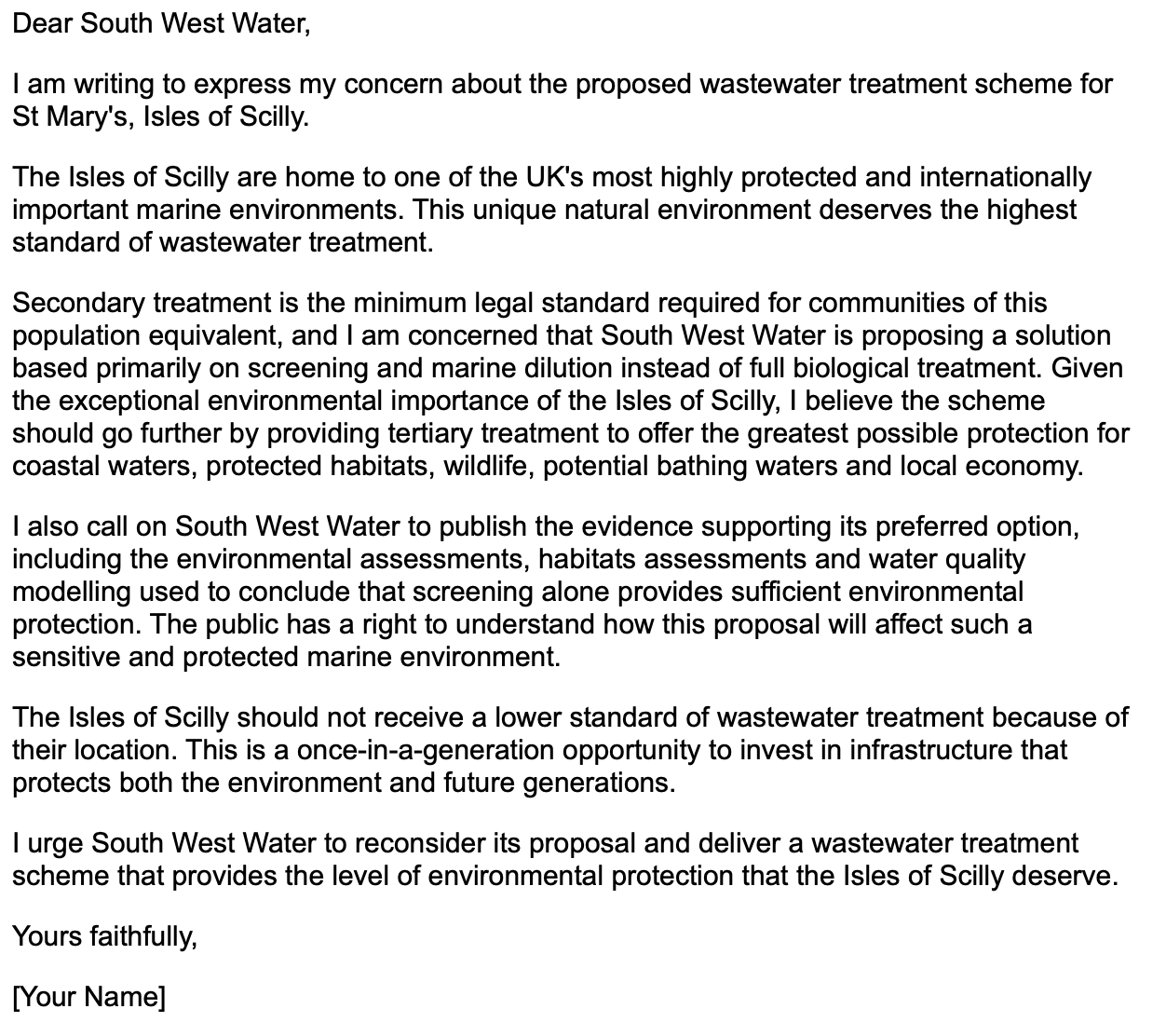 Letter addressed to South West Water about wastewater treatment concerns for the Isles of Scilly.