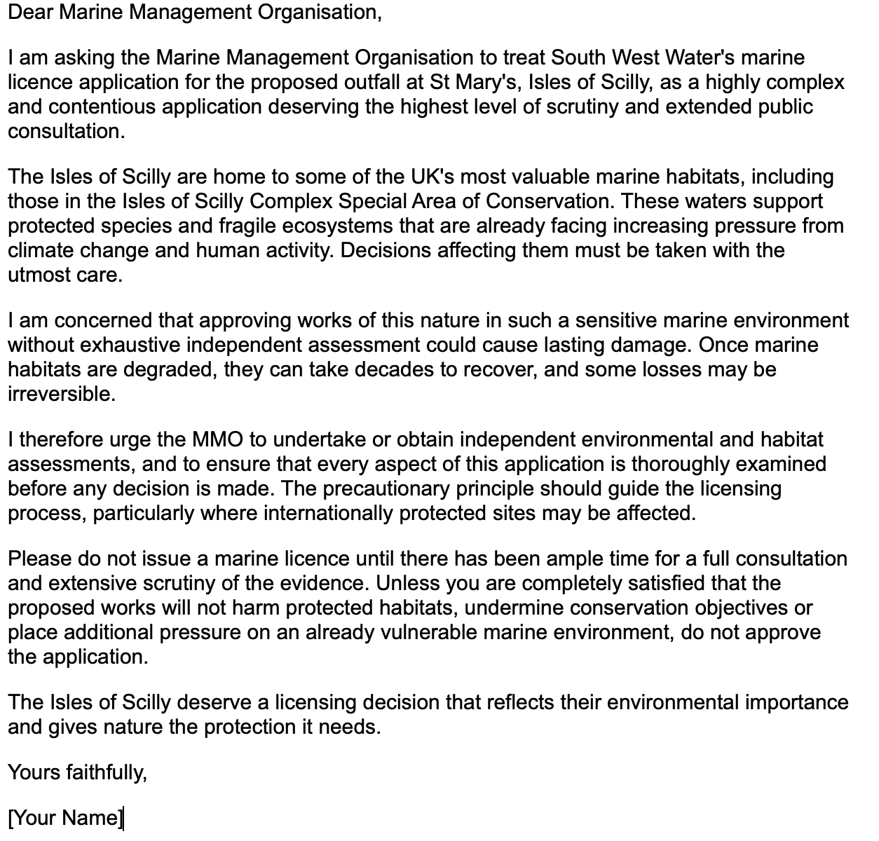 Letter addressed to Marine Management Organisation discussing concerns over South West Water's marine license application and environmental impact in the Isle of Scilly.