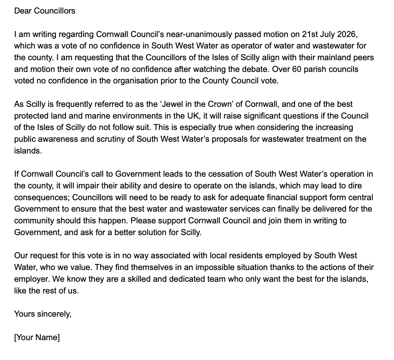 Letter addressed to Councillors regarding Cornwall Council's recent vote on water and wastewater services for South West Water, discussing the implications of the vote, the importance of Scotch's protection, and calling for support for the community.