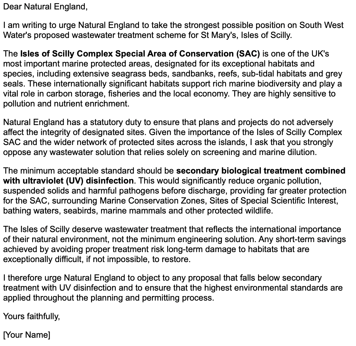 Screenshot of a letter addressed to Dear Natural England, urging opposition to wastewater treatment schemes on the Isles of Scilly, emphasizing the importance of conservation and environmentally friendly alternatives.