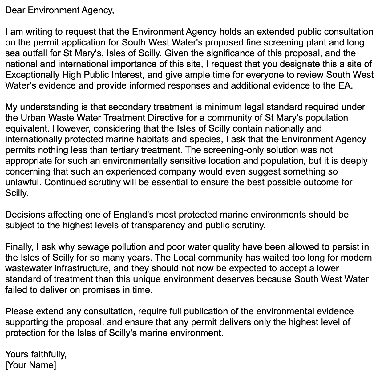 Letter addressed to the Environment Agency requesting an extended public consultation on water treatment proposals for Isles of Scilly, discussing environmental protections, marine habitats, and water quality issues.