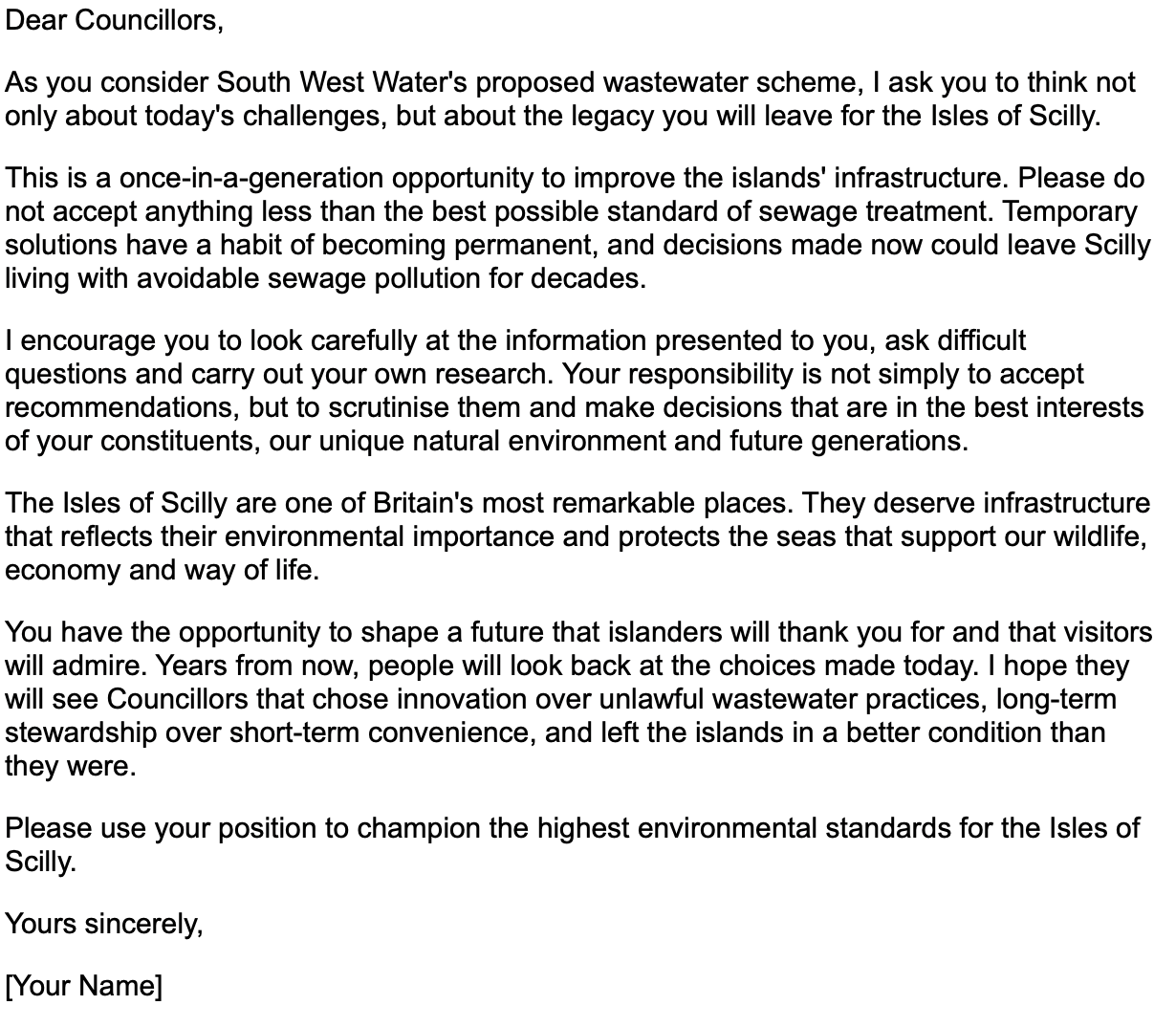 Letter addressed to councilors discussing wastewater scheme, environmental protection, and infrastructure improvements for the Isles of Scilly.