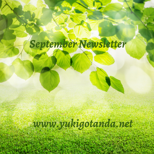 Green leaves hanging over sunlight and a grassy field, with text that reads 'September Newsletter' and 'www.yukigotanda.net'.