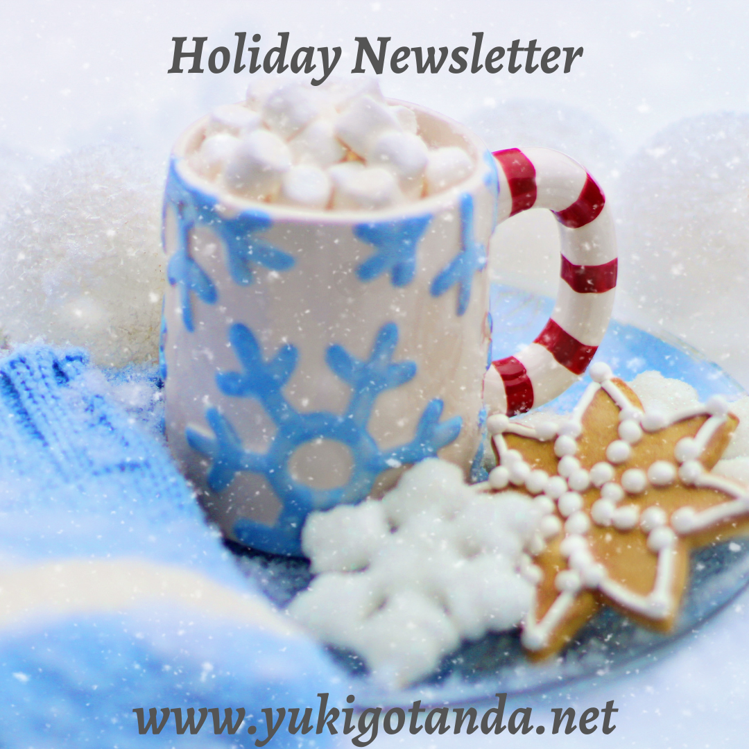A holiday-themed newsletter cover with a mug decorated with blue snowflakes, filled with hot chocolate and marshmallows, next to festive cookies and a candy cane on a snowy surface.