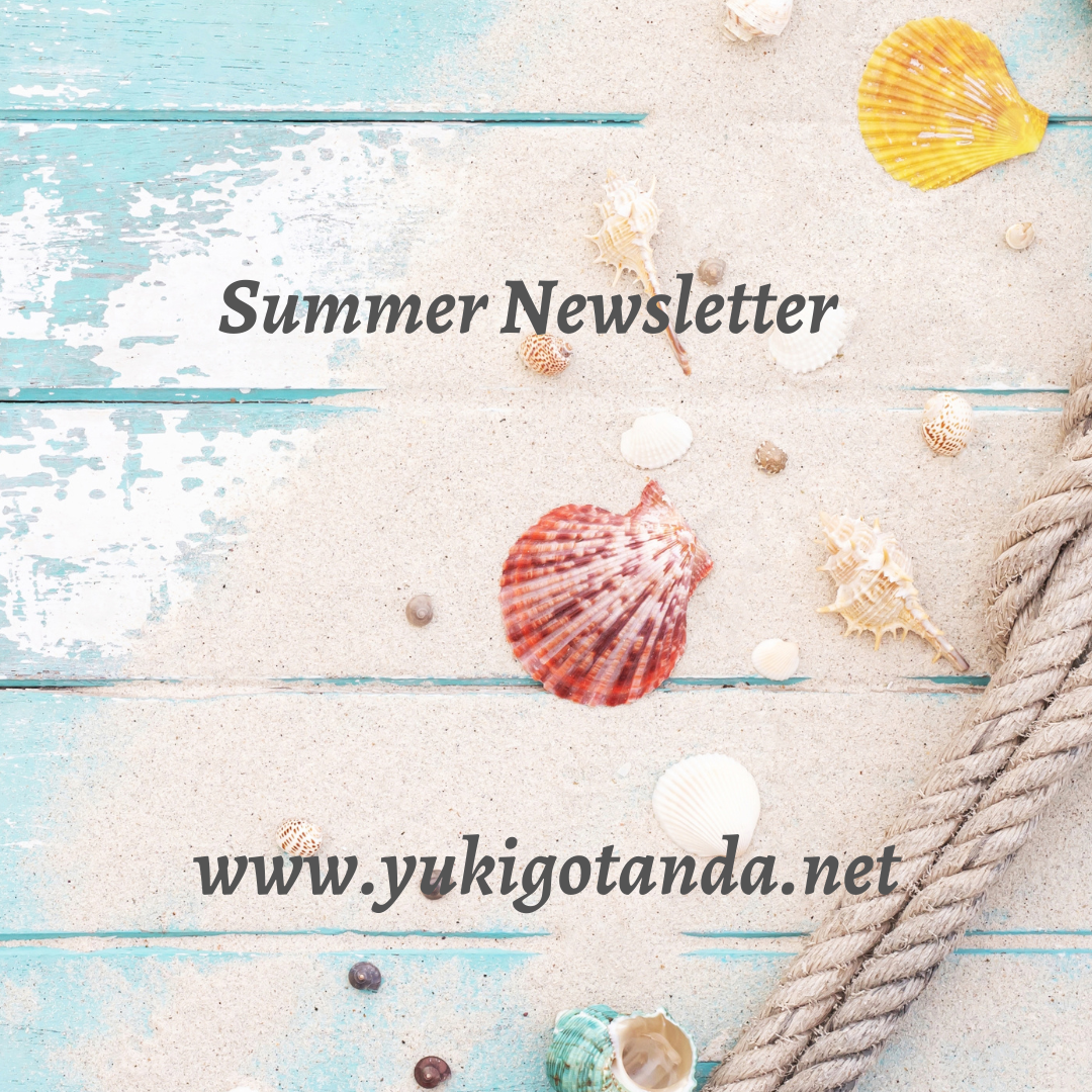 Summer newsletter cover featuring seashells, sand, and a rope on a weathered blue and white wooden surface.
