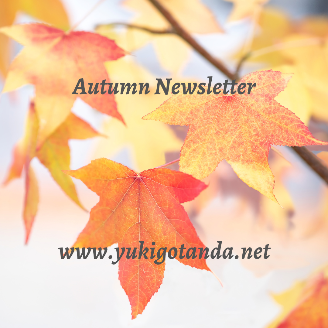 Autumn leaves in red, orange, and yellow colors with text overlay for 'Autumn Newsletter' and a website link.