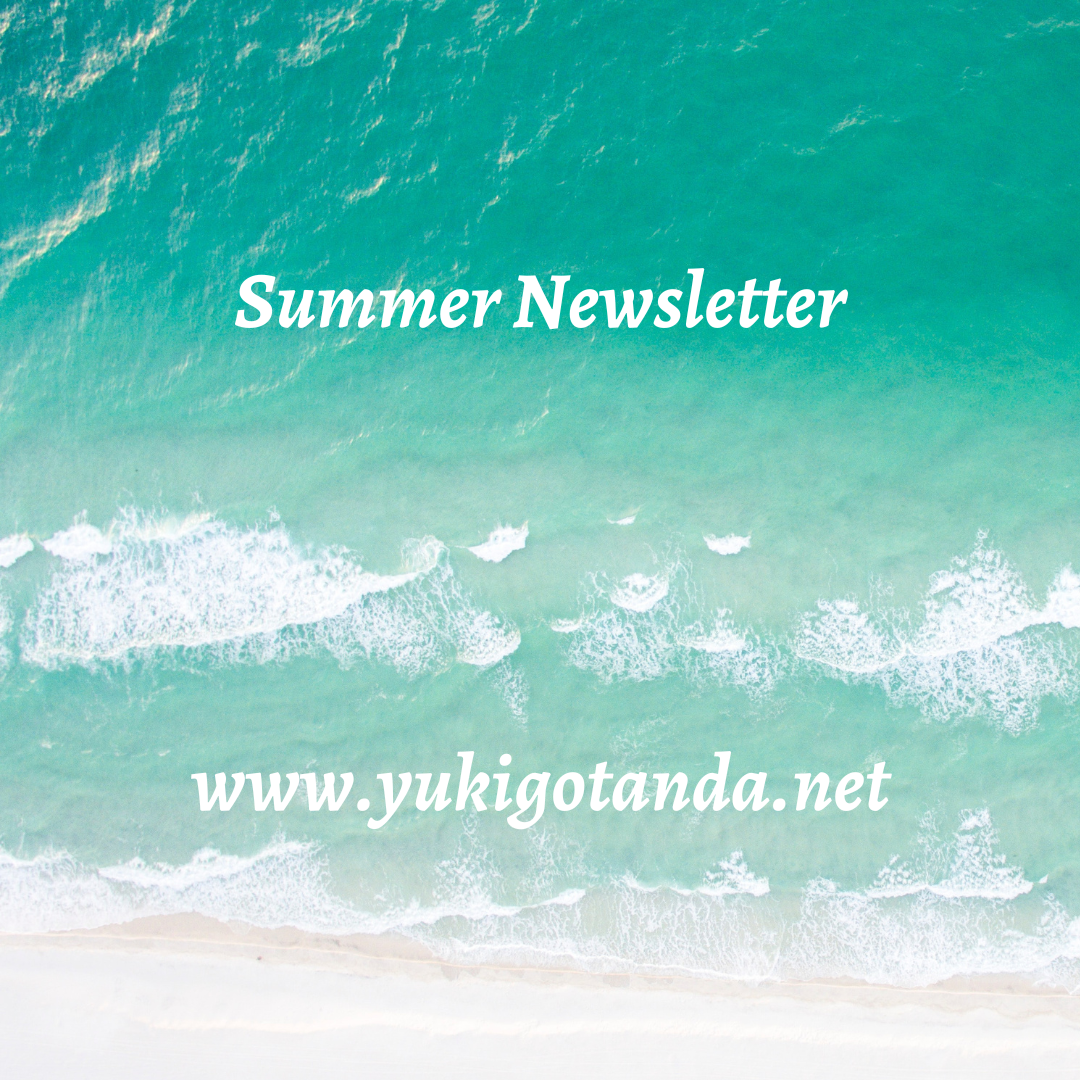 Aerial view of ocean waves crashing onto sandy beach with text 'Summer Newsletter' and website 'www.yukigotanda.net'