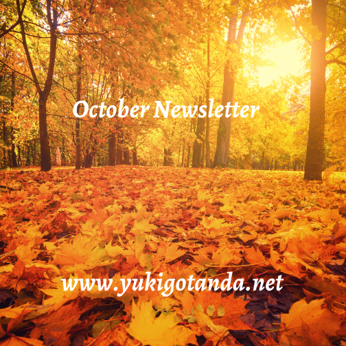 Autumn scene with sunlight filtering through trees and fallen leaves on the ground, overlaid with text that says 'October Newsletter' and 'www.yukigotanda.net'.